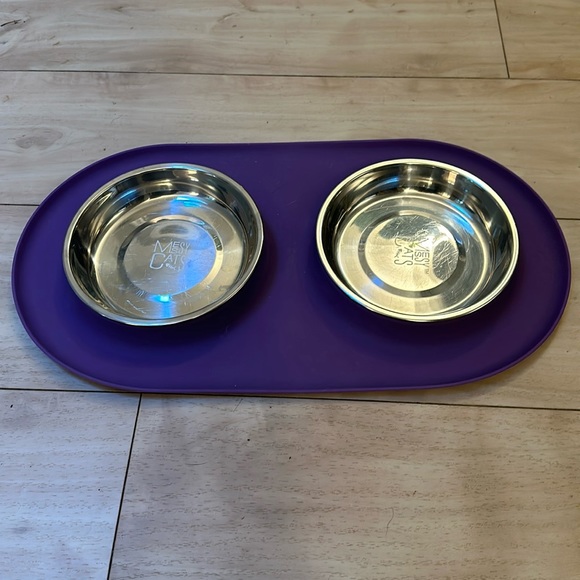Messy Cat Bowls tray Modern Double Feeder purple silicon stainless steel bowls - Picture 1 of 14
